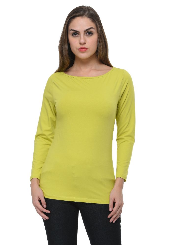Picture of Frenchtrendz Cotton Spandex Lime Green Boat Neck Full Sleeve Top