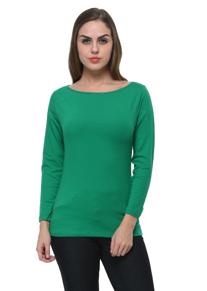 Picture of Frenchtrendz Cotton Spandex Green Boat Neck Full Sleeve Top