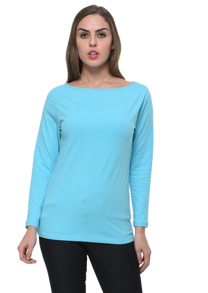 Picture of Frenchtrendz Cotton Spandex Sky Blue Boat Neck Full Sleeve Top