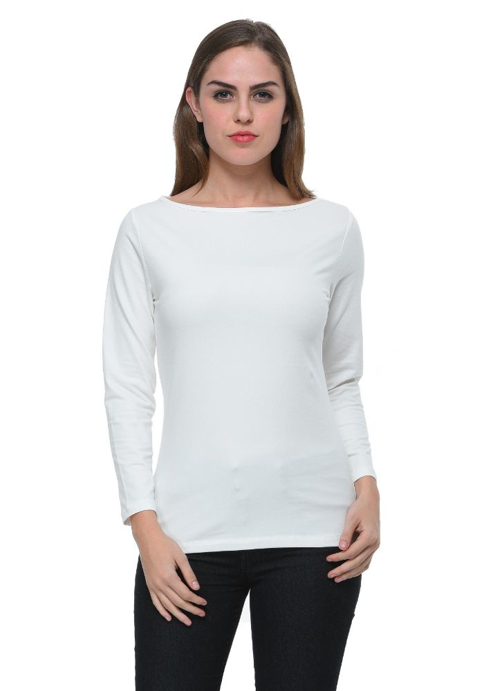 Picture of Frenchtrendz Cotton Spandex Ivory Boat Neck Full Sleeve Top