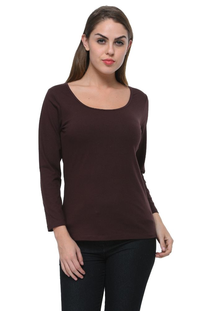 Picture of Frenchtrendz Cotton Spandex Chocolate Scoop Neck Full Sleeve Top