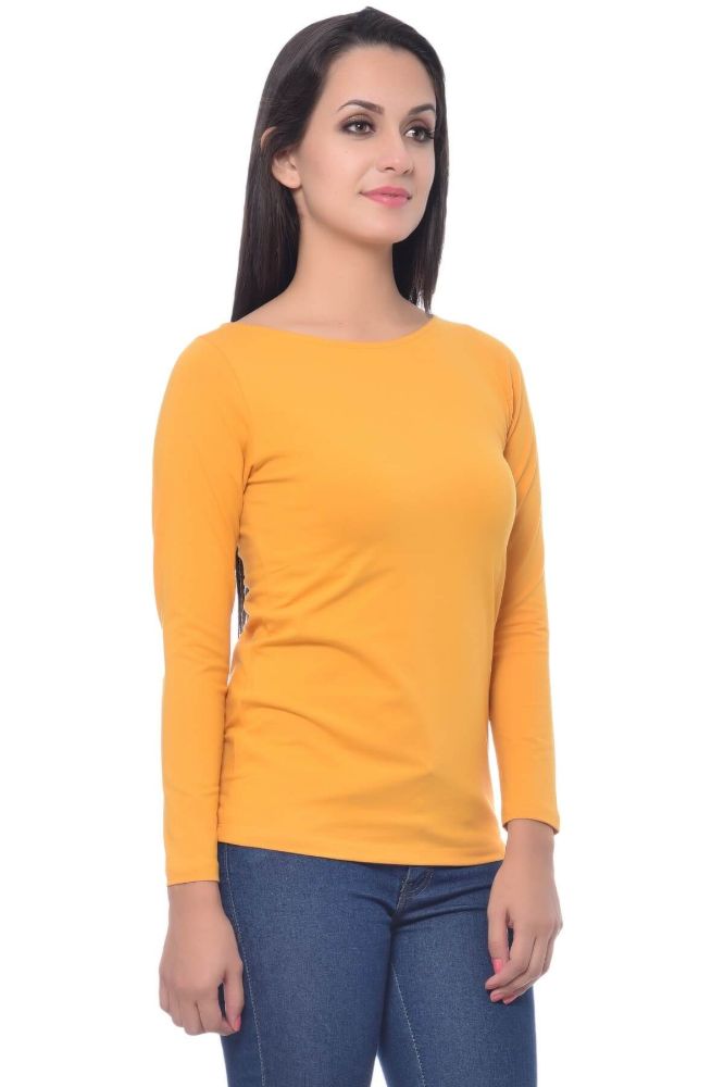 Picture of Frenchtrendz Cotton Spandex Dark Mustard Boat Neck Full Sleeve Top