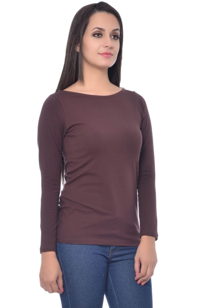 Picture of Frenchtrendz Cotton Spandex Chocolate Boat Neck Full Sleeve Top