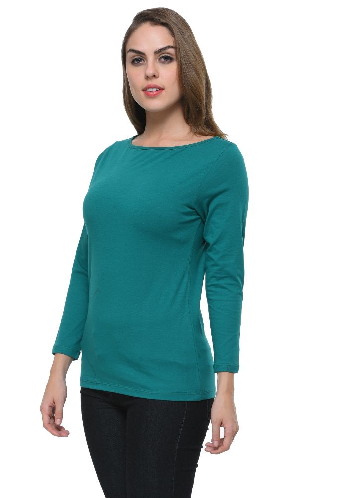 Picture of Frenchtrendz Cotton Spandex Dark Turq Boat Neck Full Sleeve Top