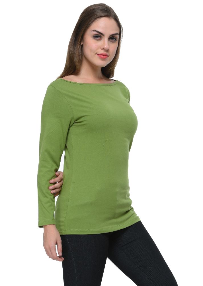 Picture of Frenchtrendz Cotton Spandex Parrot Green Boat Neck Full Sleeve Top