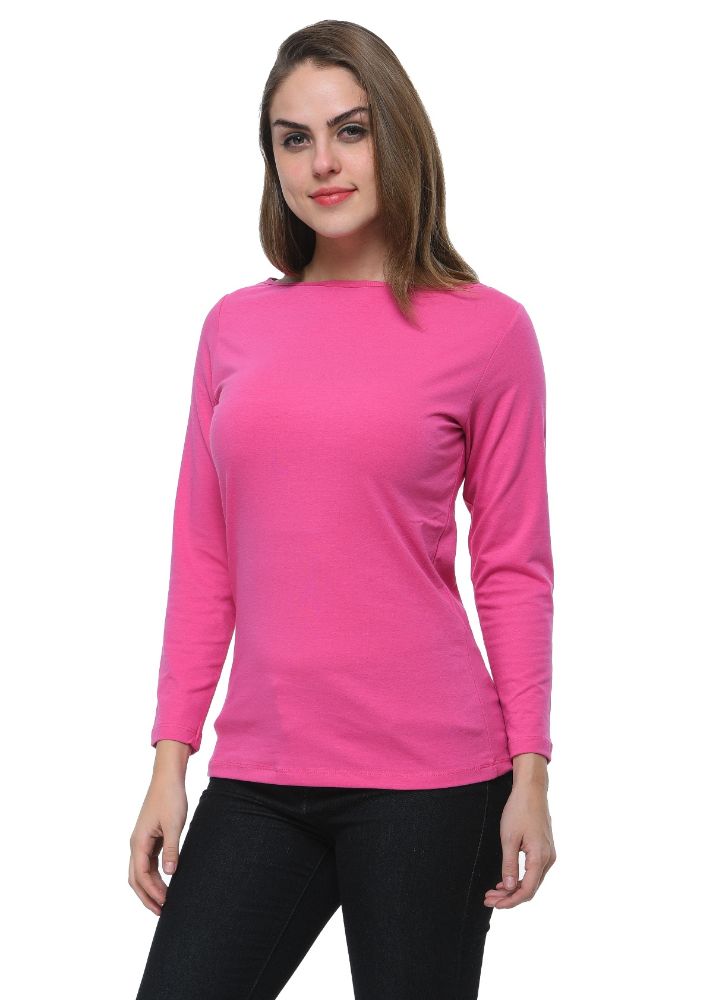 Picture of Frenchtrendz Cotton Spandex Pink Boat Neck Full Sleeve Top