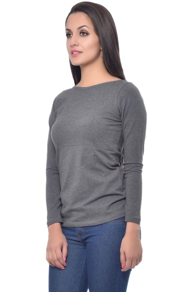 Picture of Frenchtrendz Cotton Spandex Grey Boat Neck Full Sleeve Top