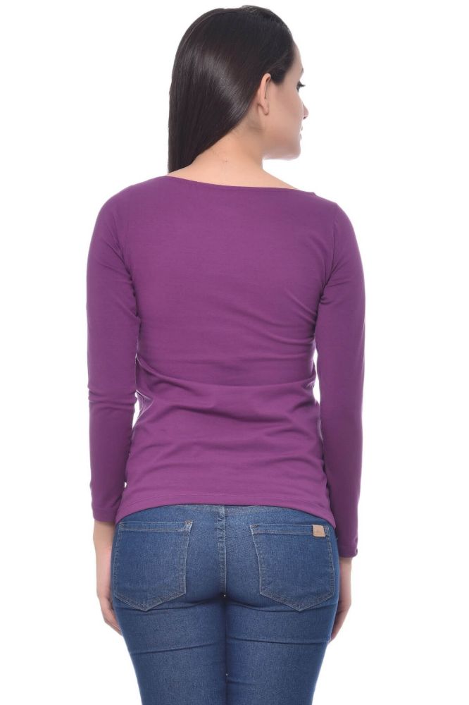 Picture of Frenchtrendz Cotton Spandex Dark Purple Boat Neck Full Sleeve Top