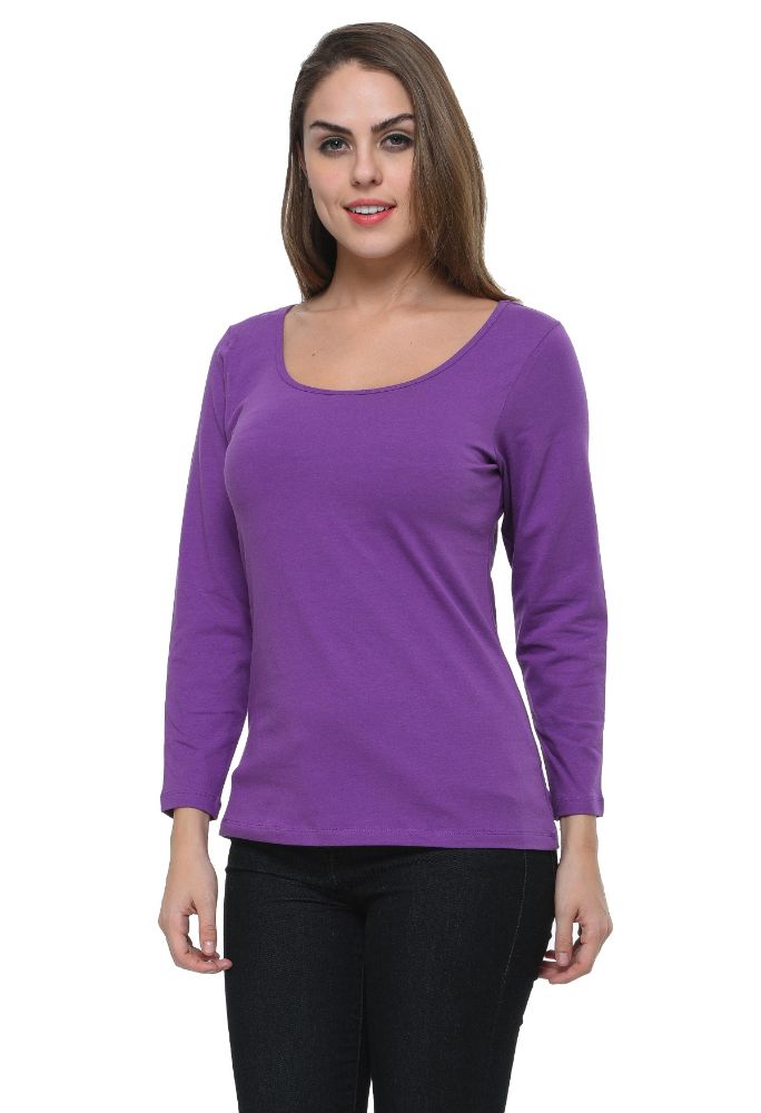 Picture of Frenchtrendz Cotton Spandex Light Purple Scoop Neck Full Sleeve Top