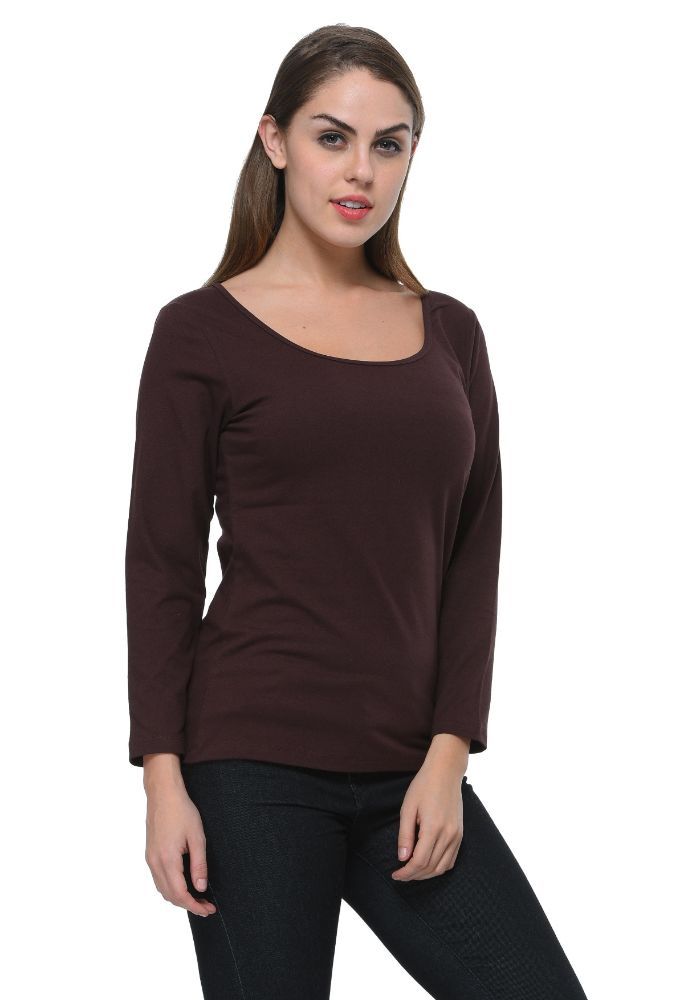 Picture of Frenchtrendz Cotton Spandex Chocolate Scoop Neck Full Sleeve Top