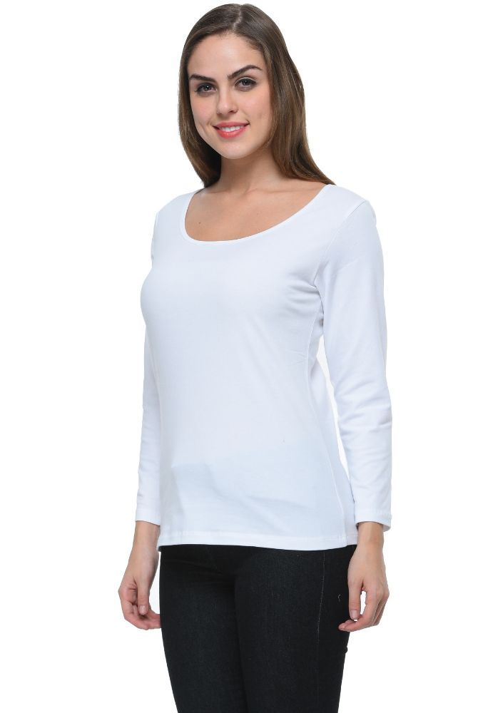 Picture of Frenchtrendz Cotton Spandex White Scoop Neck Full Sleeve Top