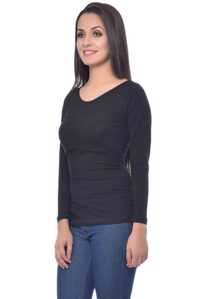 Picture of Frenchtrendz Cotton Spandex Black Bateu Neck Full Sleeve Top