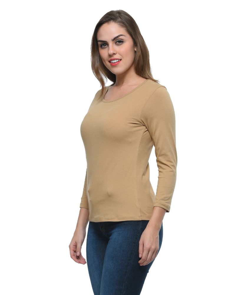 Picture of Frenchtrendz Cotton Spandex Dark Beige Bateu Neck Full Sleeve Top
