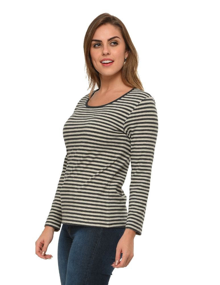 Picture of Frenchtrendz Cotton Spandex Charcoal White Bateu Neck Full Sleeve Top
