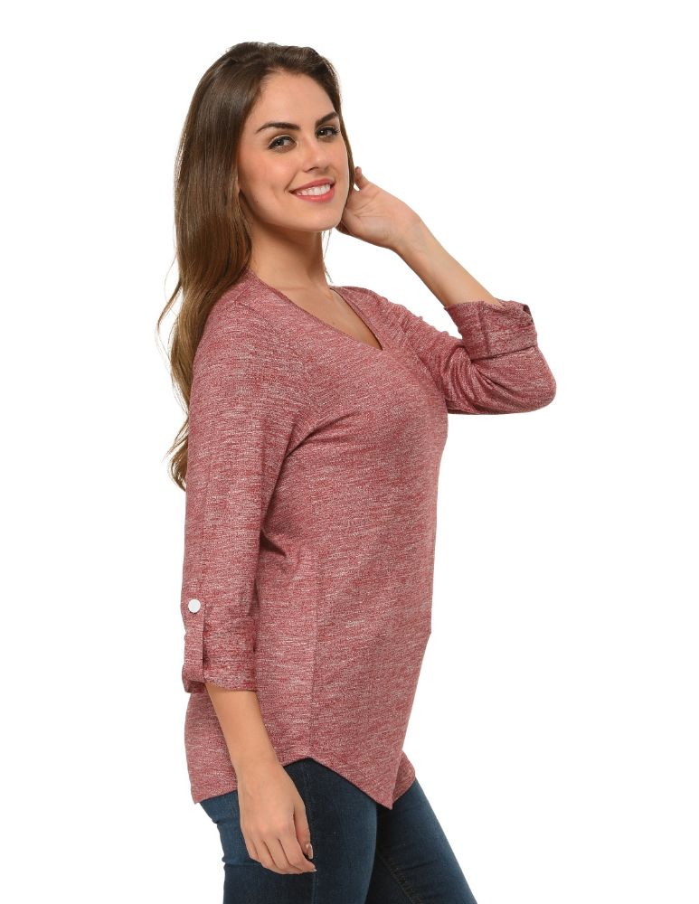 Picture of Frenchtrendz Grindle Maroon Round Neck, Roll Up Sleeve Top