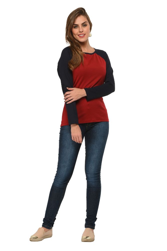 Picture of Frenchtrendz Cotton Dk Maroon Navy Raglan Full Sleeve T-Shirt