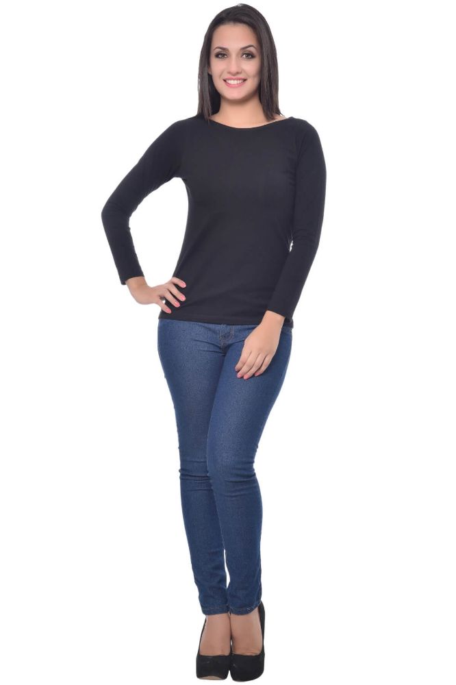 Picture of Frenchtrendz Cotton Spandex Black Boat Neck Full Sleeve Top