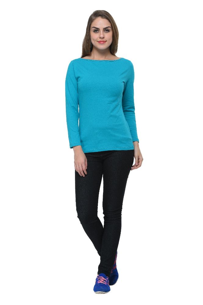 Picture of Frenchtrendz Cotton Spandex Turq Boat Neck Full Sleeve Top
