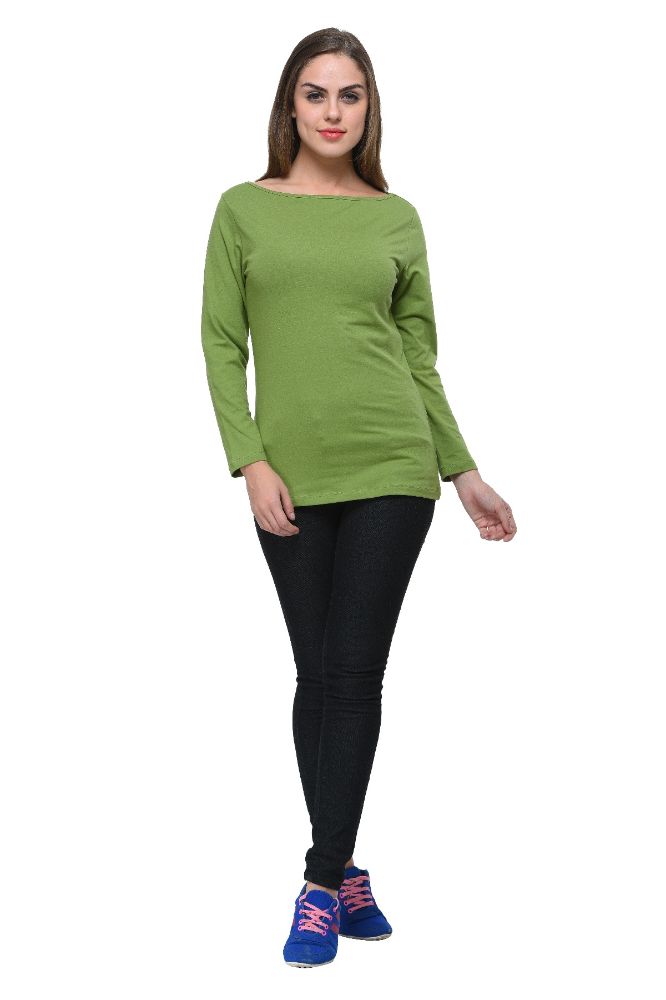 Picture of Frenchtrendz Cotton Spandex Parrot Green Boat Neck Full Sleeve Top