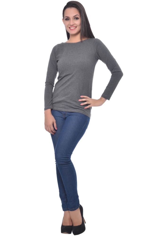 Picture of Frenchtrendz Cotton Spandex Grey Boat Neck Full Sleeve Top