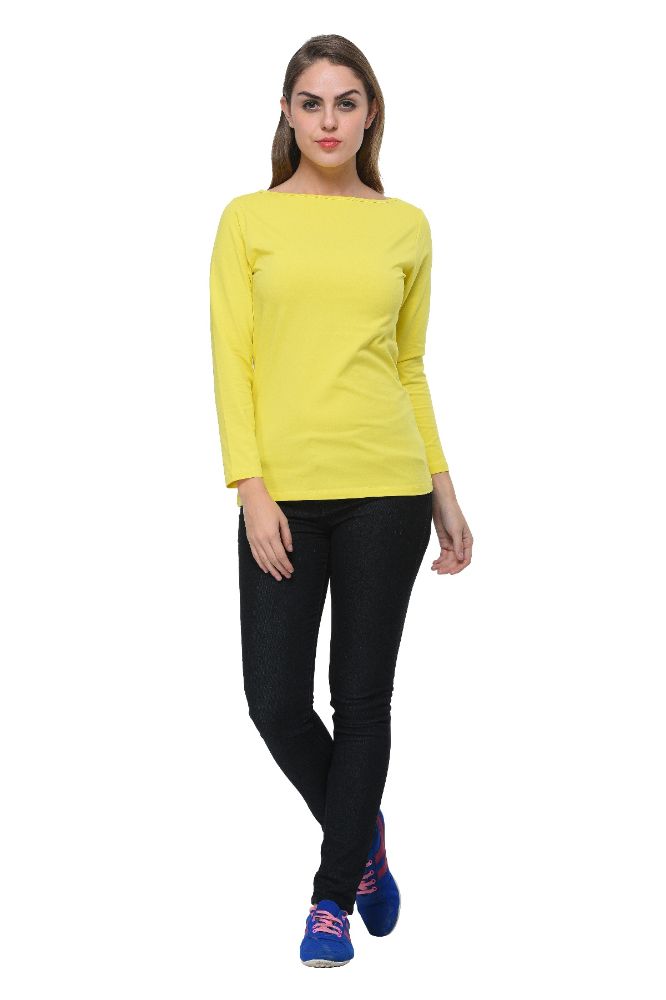 Picture of Frenchtrendz Cotton Spandex Neon Yellow Boat Neck Full Sleeve Top