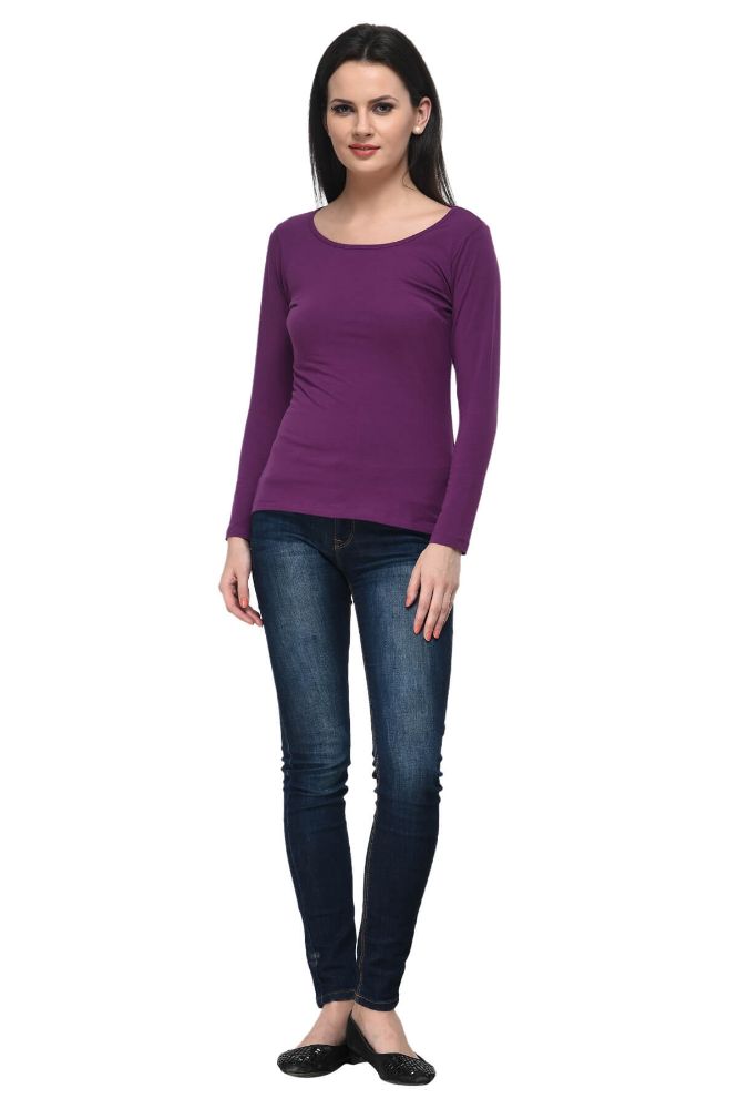 Picture of Frenchtrendz Cotton Spandex Dark Purple Bateu Neck Full Sleeve Top