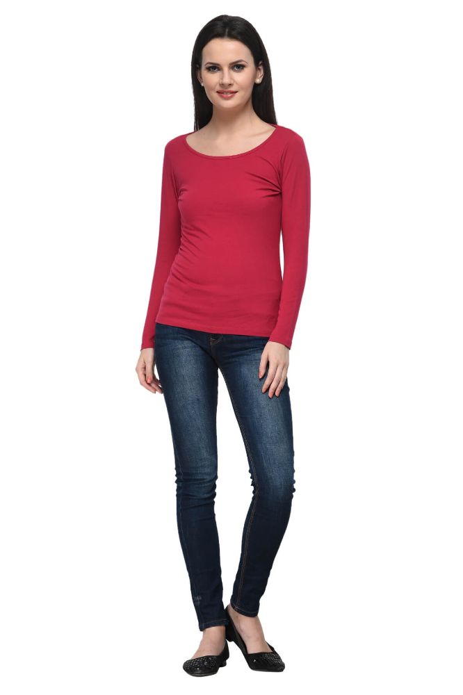 Picture of Frenchtrendz Cotton Spandex Dark Fushcia Bateu Neck Full Sleeve Top