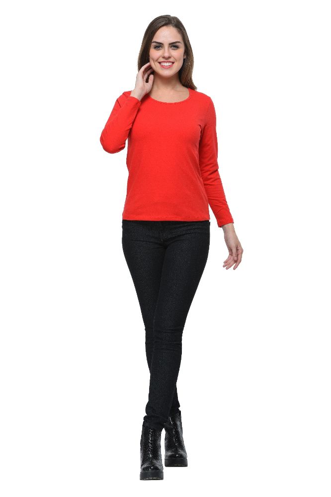 Picture of Frenchtrendz Cotton Spandex Red Bateu Neck Full Sleeve Top