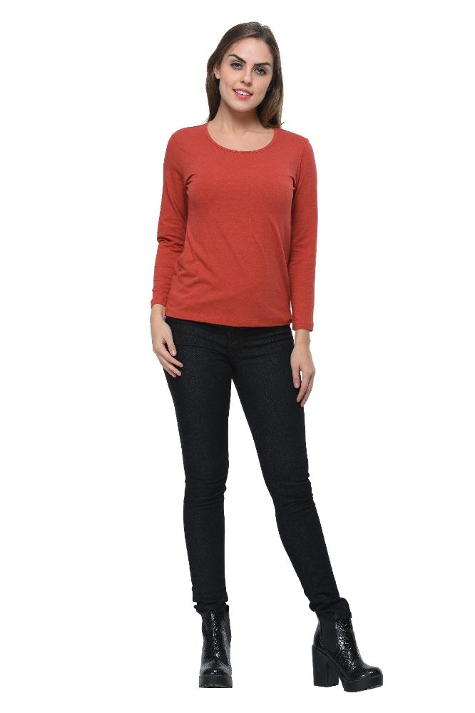Picture of Frenchtrendz Cotton Spandex Dark Rust Bateu Neck Full Sleeve Top