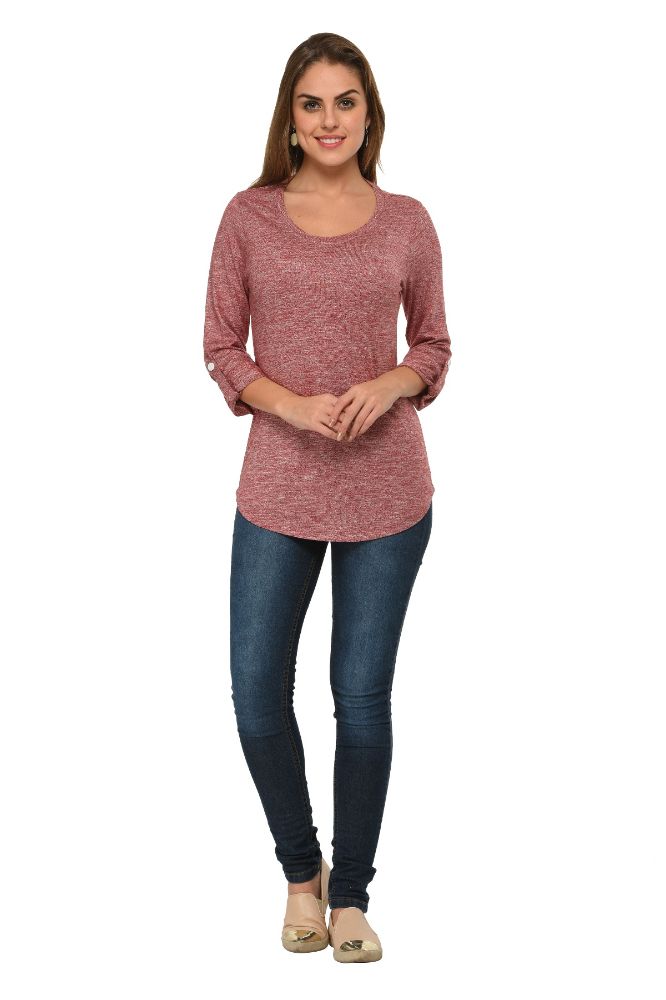 Picture of Frenchtrendz Grindle Maroon Round Neck, Roll Up Sleeve Top