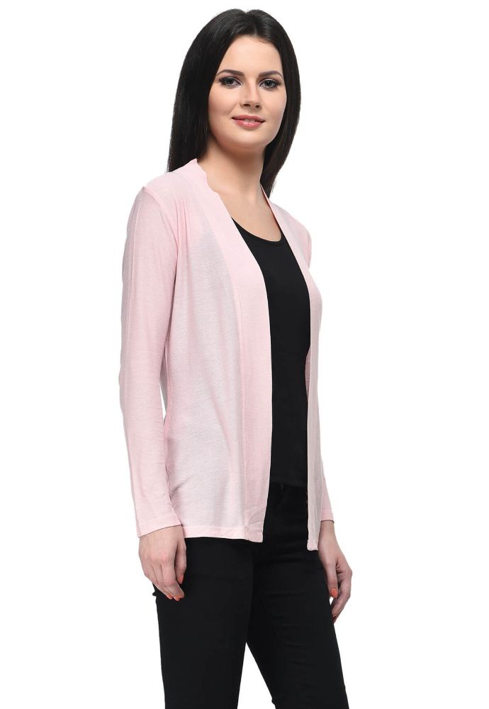 Picture of Frenchtrendz Viscose Crepe Baby Pink Front Placket Medium Length full Sleeve Shrug