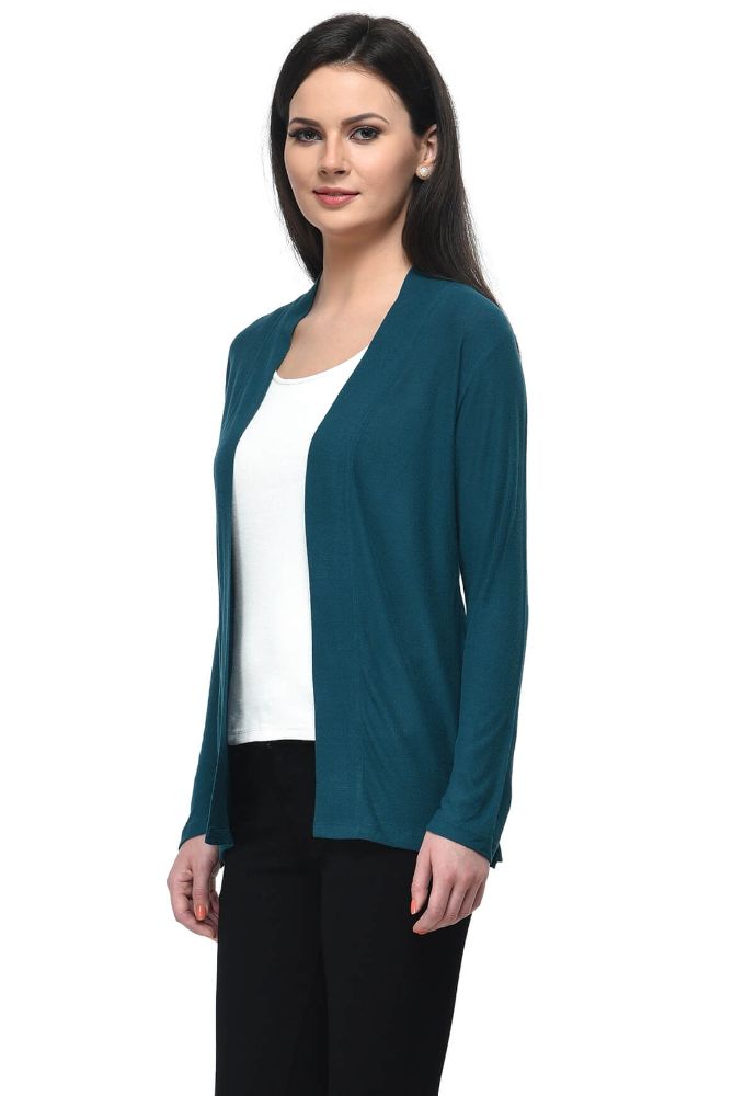 Picture of Frenchtrendz Viscose Crepe Teal Front Placket Medium Length full Sleeve Shrug