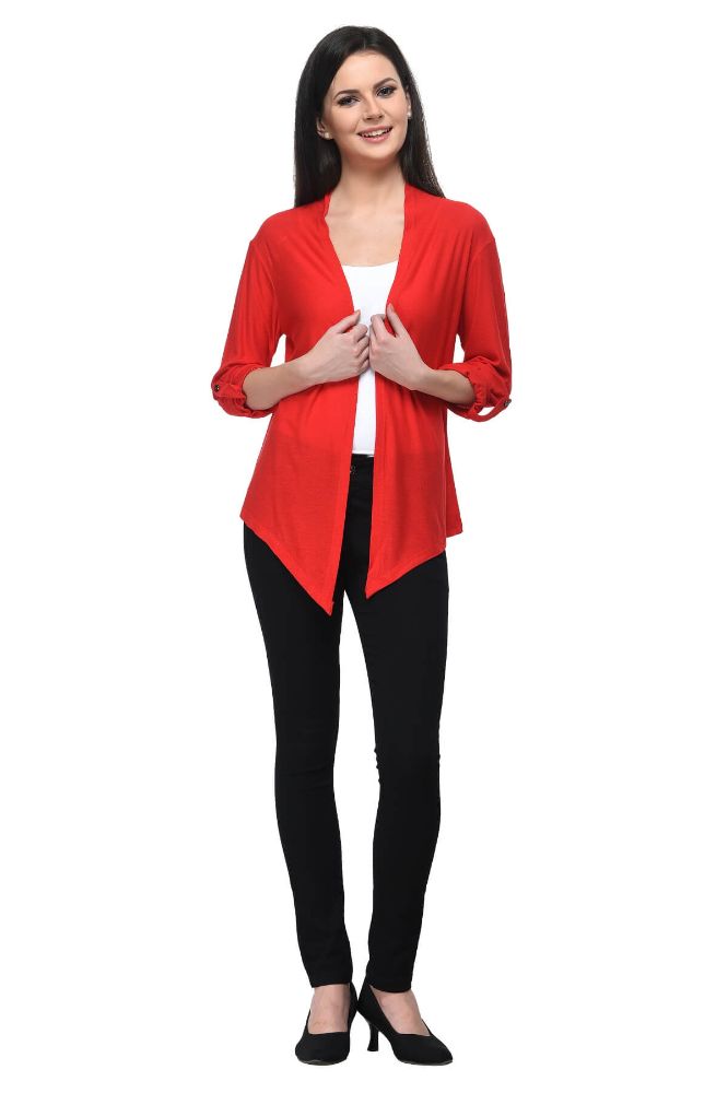 Picture of Frenchtrendz Viscose Crepe Red Medium Length 3/4 Sleeve Shrug
