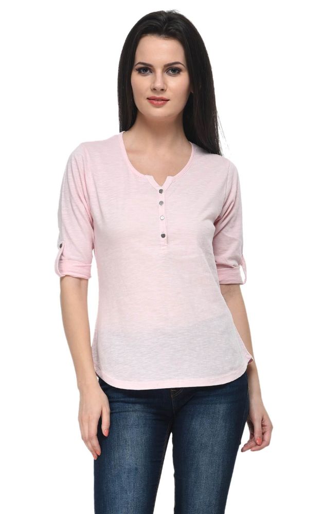 Picture of Frenchtrendz Cotton Slub Baby Pink Henley Neck 3/4 Sleeve Top