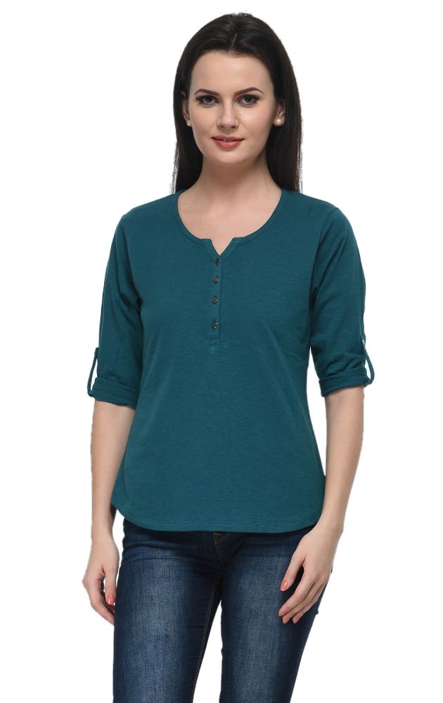 Picture of Frenchtrendz Cotton Slub Teal Henley Neck 3/4 Sleeve Top
