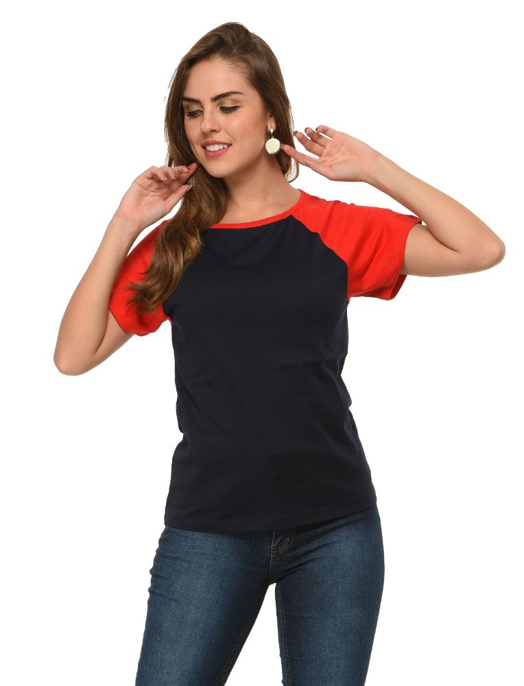 Picture of Frenchtrendz Cotton Navy Red Raglan Cap Sleeve Medium Length Top