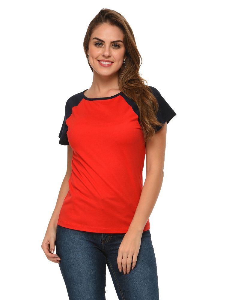 Picture of Frenchtrendz Cotton Red Navy Raglan Cap Sleeve Medium Length Top