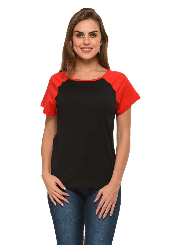 Picture of Frenchtrendz Cotton Black Red Raglan Cap Sleeve Medium Length Top