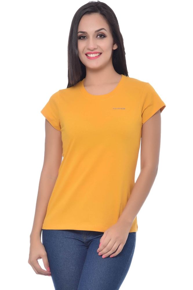 Picture of Frenchtrendz Cotton Mustard Round Neck Half Sleeve Medium Length T-Shirt
