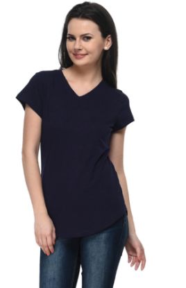Picture of Frenchtrendz Cotton Slub Navy V-Neck short Sleeve Long Length Top