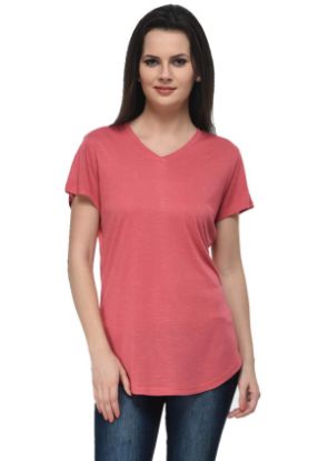 Picture of Frenchtrendz Viscose Slub Coral V-Neck short Sleeve Long Length Top