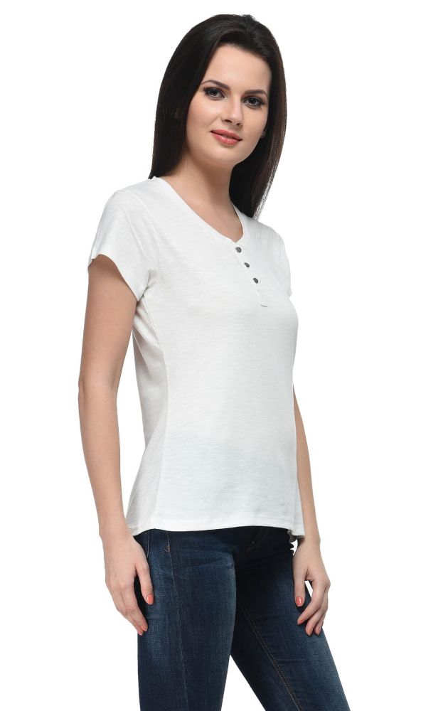 Picture of Frenchtrendz Cotton Slub Ivory Henley neck short Sleeve Top