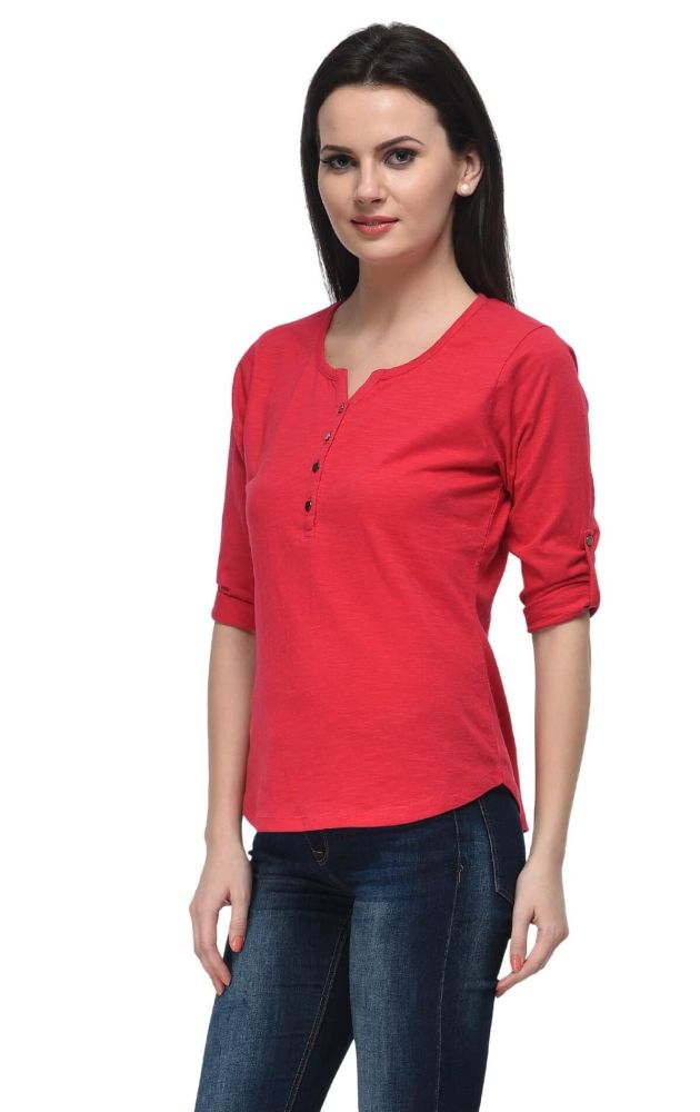 Picture of Frenchtrendz Cotton Slub Swe Pink Henley Neck 3/4 Sleeve Top