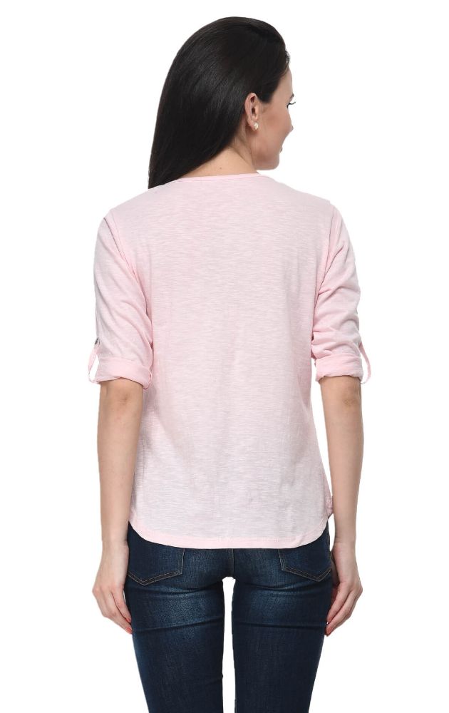 Picture of Frenchtrendz Cotton Slub Baby Pink Henley Neck 3/4 Sleeve Top