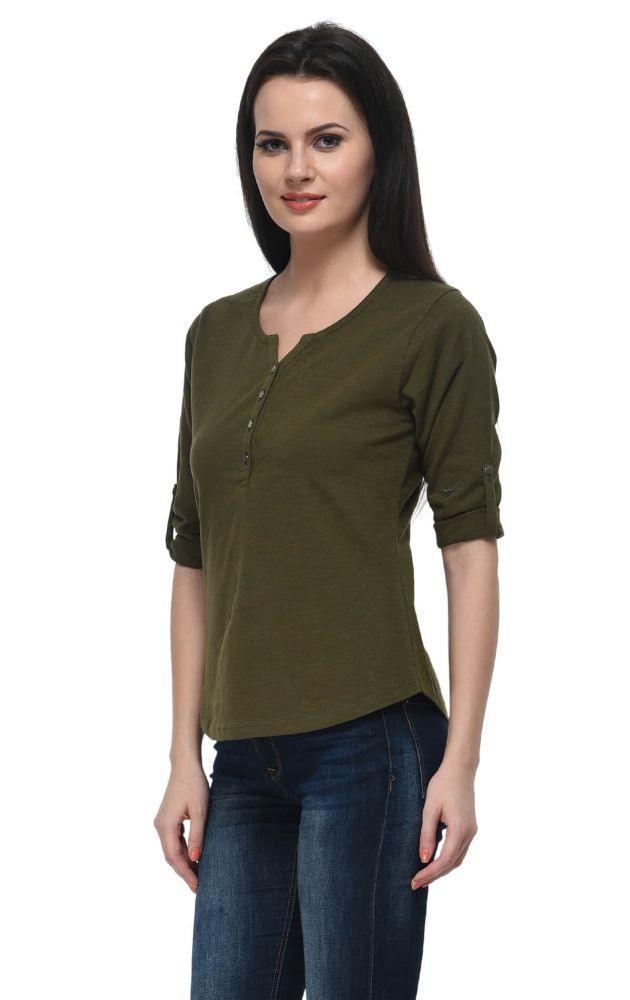 Picture of Frenchtrendz Cotton Slub Olive Henley Neck 3/4 Sleeve Top