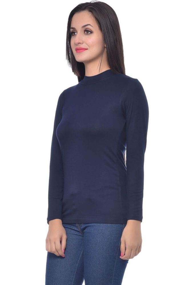 Picture of Frenchtrendz Viscose Spandex Navy Highneck Full Sleeve T-Shirt