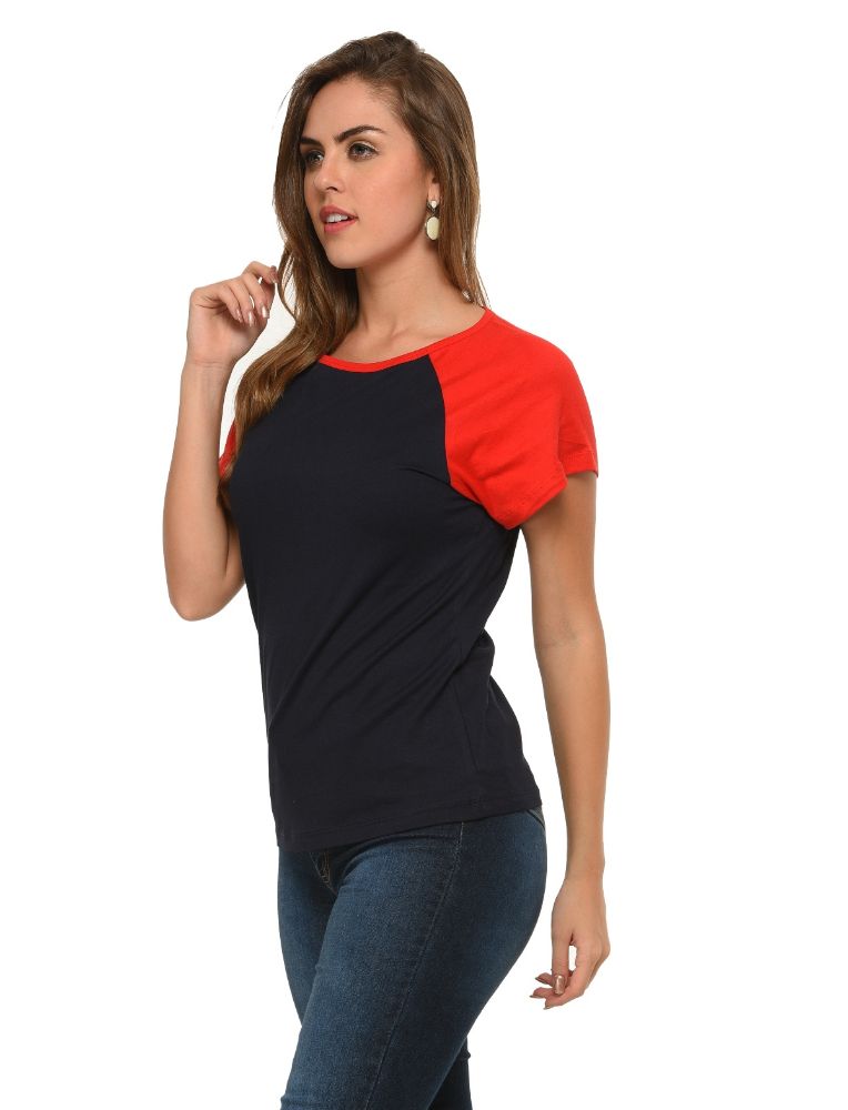 Picture of Frenchtrendz Cotton Navy Red Raglan Cap Sleeve Medium Length Top