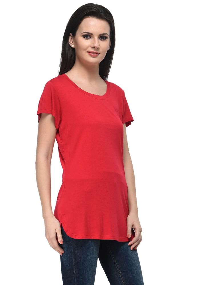 Picture of Frenchtrendz Viscose Red Round Neck Long Length short Sleeve Top
