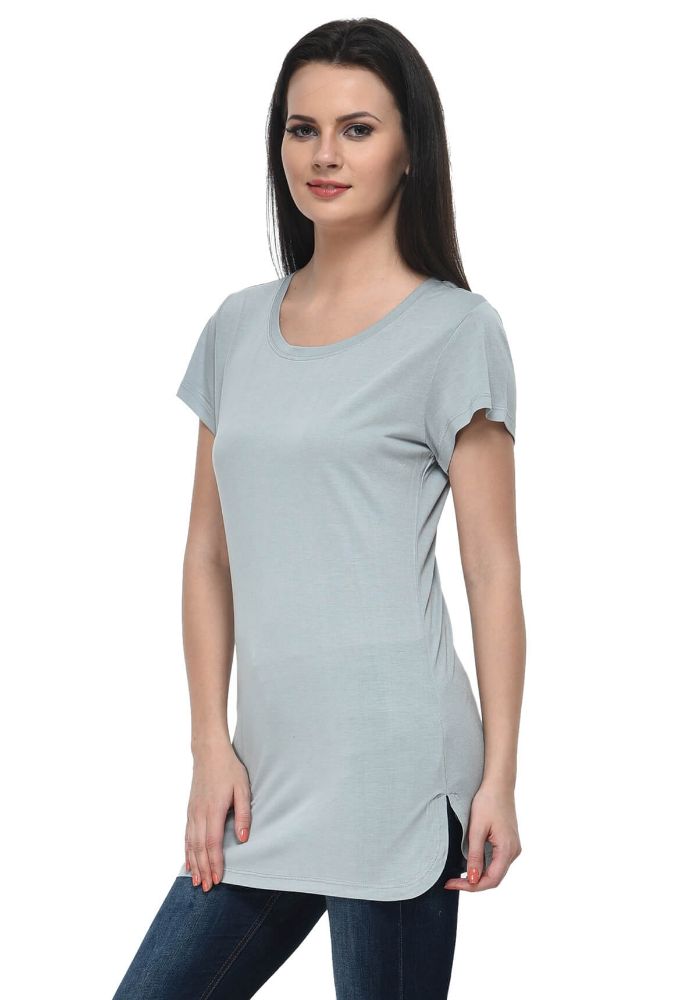 Picture of Frenchtrendz Viscose Slate Round Neck Long Length short Sleeve Top