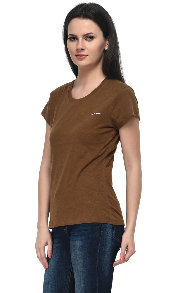 Picture of Frenchtrendz Cotton Slub Khaki Round Neck Half Sleeve Medium Length T-Shirt